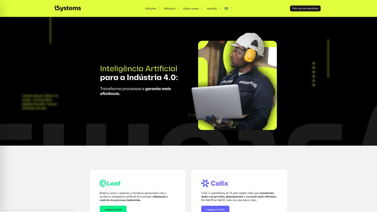 Home do site da iSystems, plataforma de inteligência artificial para a indústria